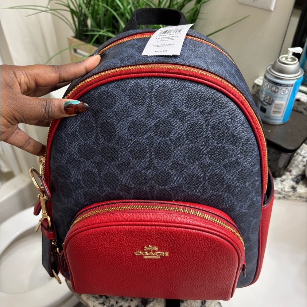 Coach Denim and Red Signature Backpack + Matching Wallet and Keychain